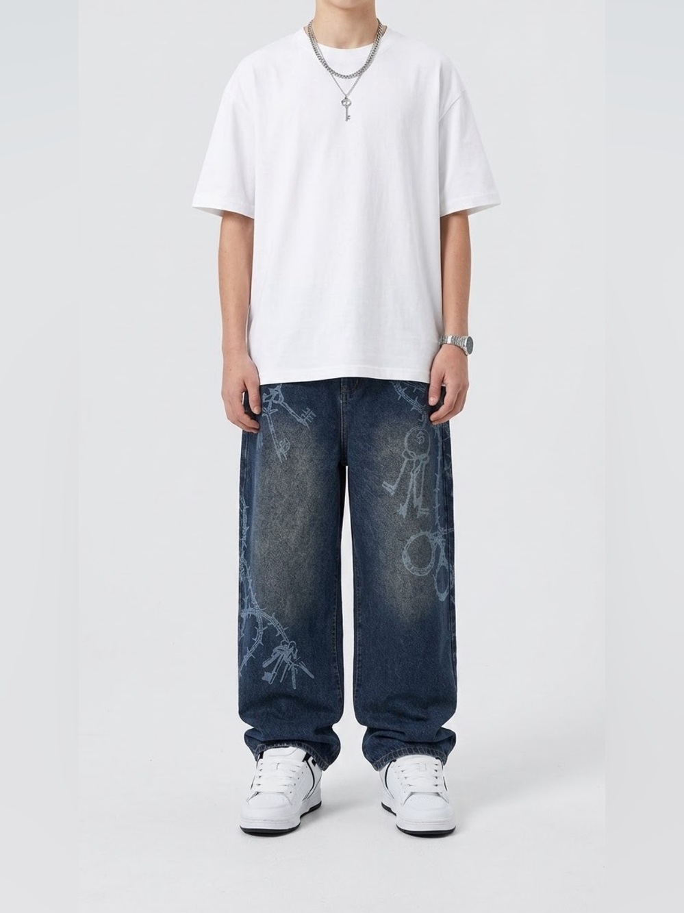 Men's Dark Blue Printed Wide-Leg Jeans